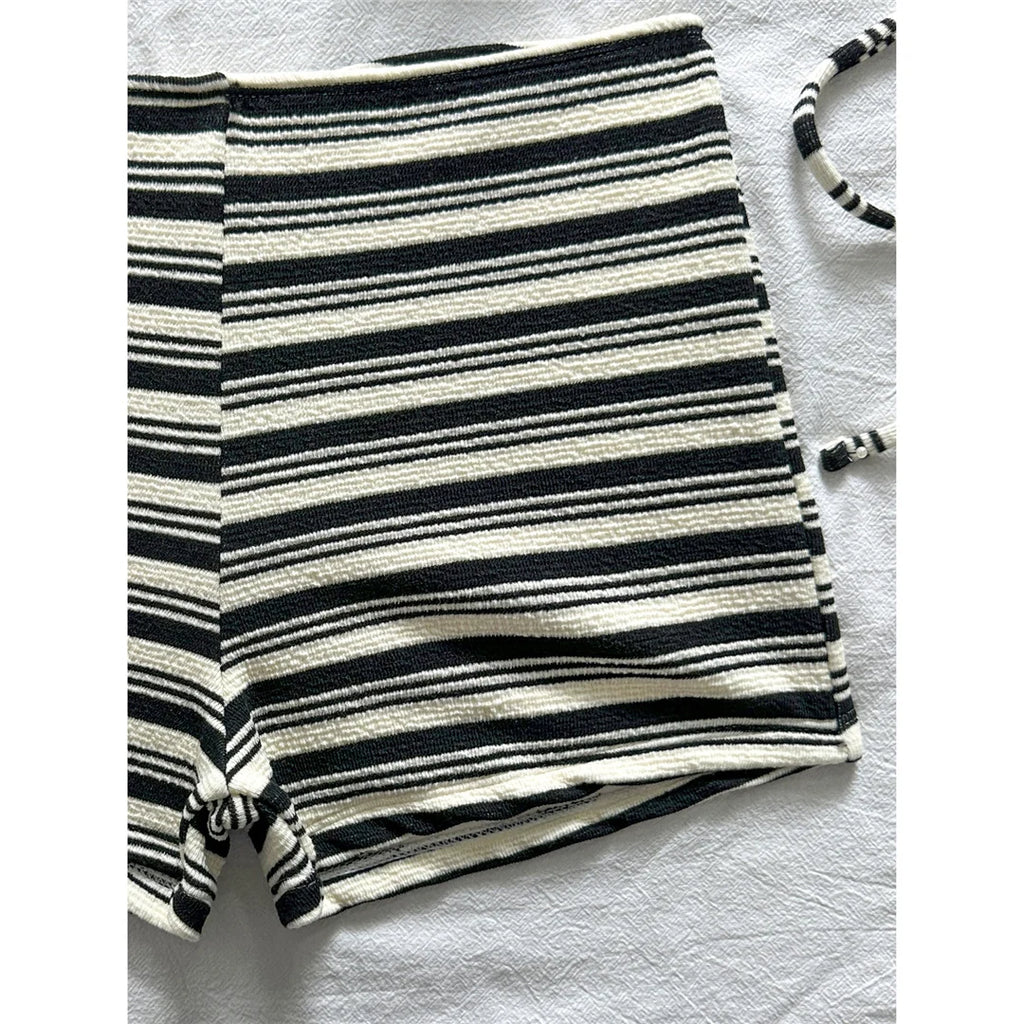 Triangle Swimsuit Top & High‑Waist Shorts Set – Black & White