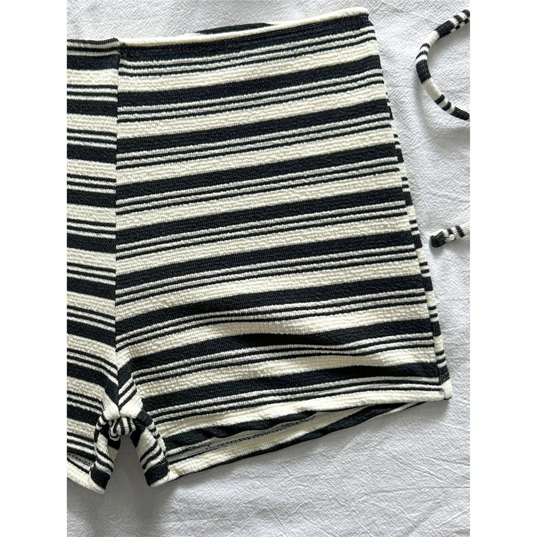 Triangle Swimsuit Top & High‑Waist Shorts Set – Black & White