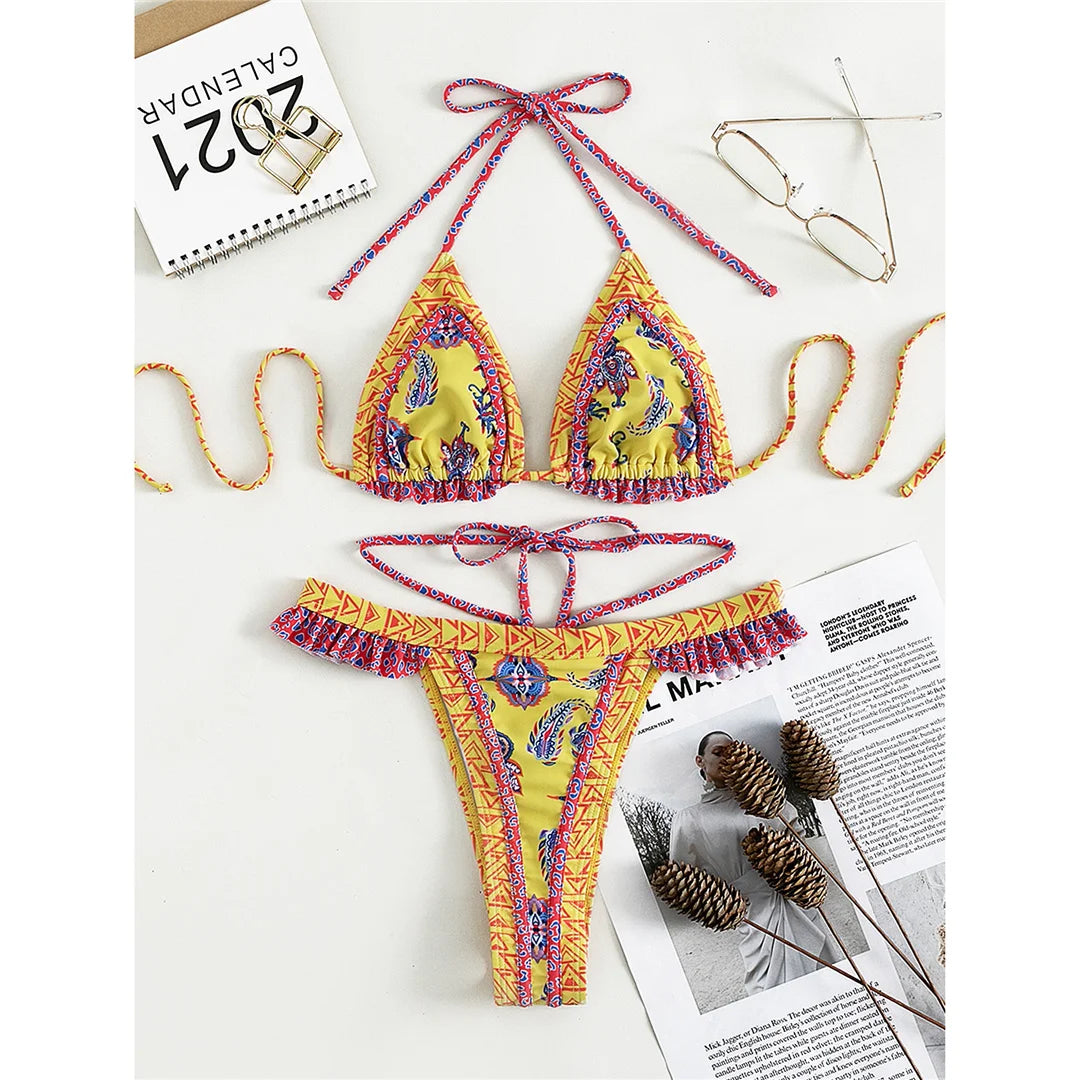 Yellow Patterned Triangle Bikini Set – Boho Print Tie Bikini