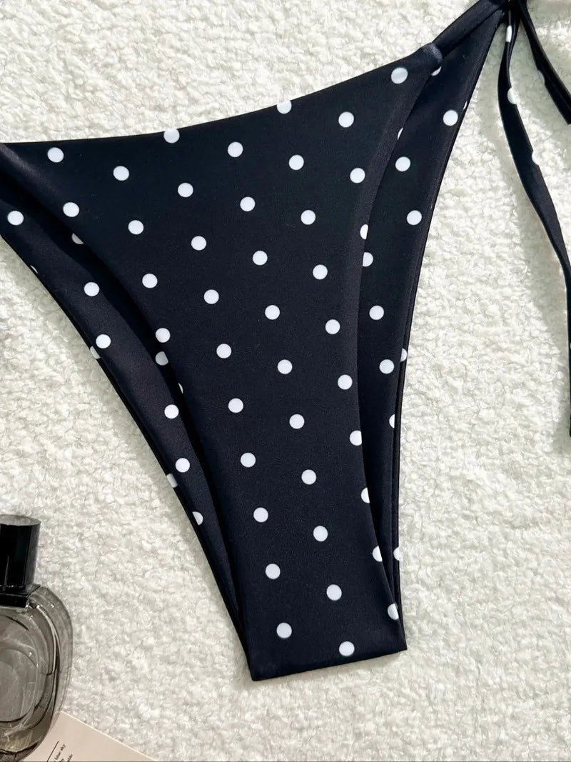 Black Polka Dot Bikini Set for Women – Halter Top & Tie‑Side Bottoms