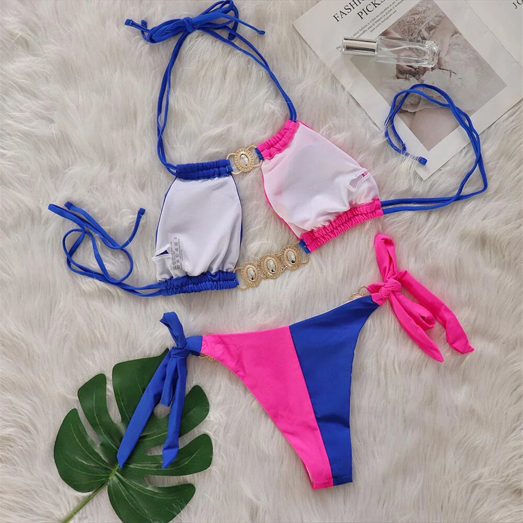 Pink & Blue Jeweled Bikini Set – Colorblock Tie Bikini, Gemstone Swimwear | Clovers Swimwear