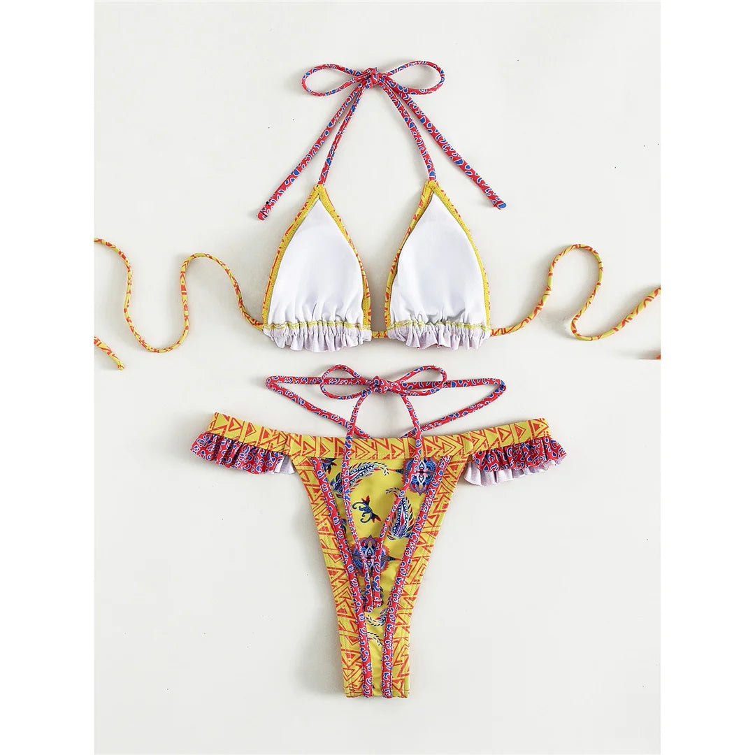 Yellow Patterned Triangle Bikini Set – Boho Print Tie Bikini