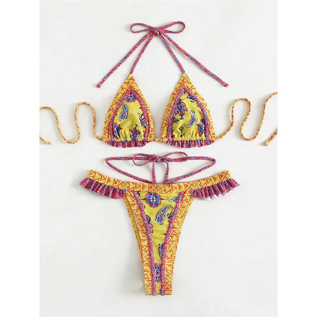 Yellow Patterned Triangle Bikini Set – Boho Print Tie Bikini