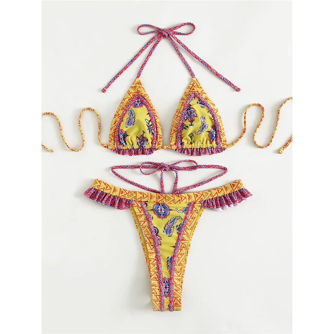 Yellow Patterned Triangle Bikini Set – Boho Print Tie Bikini