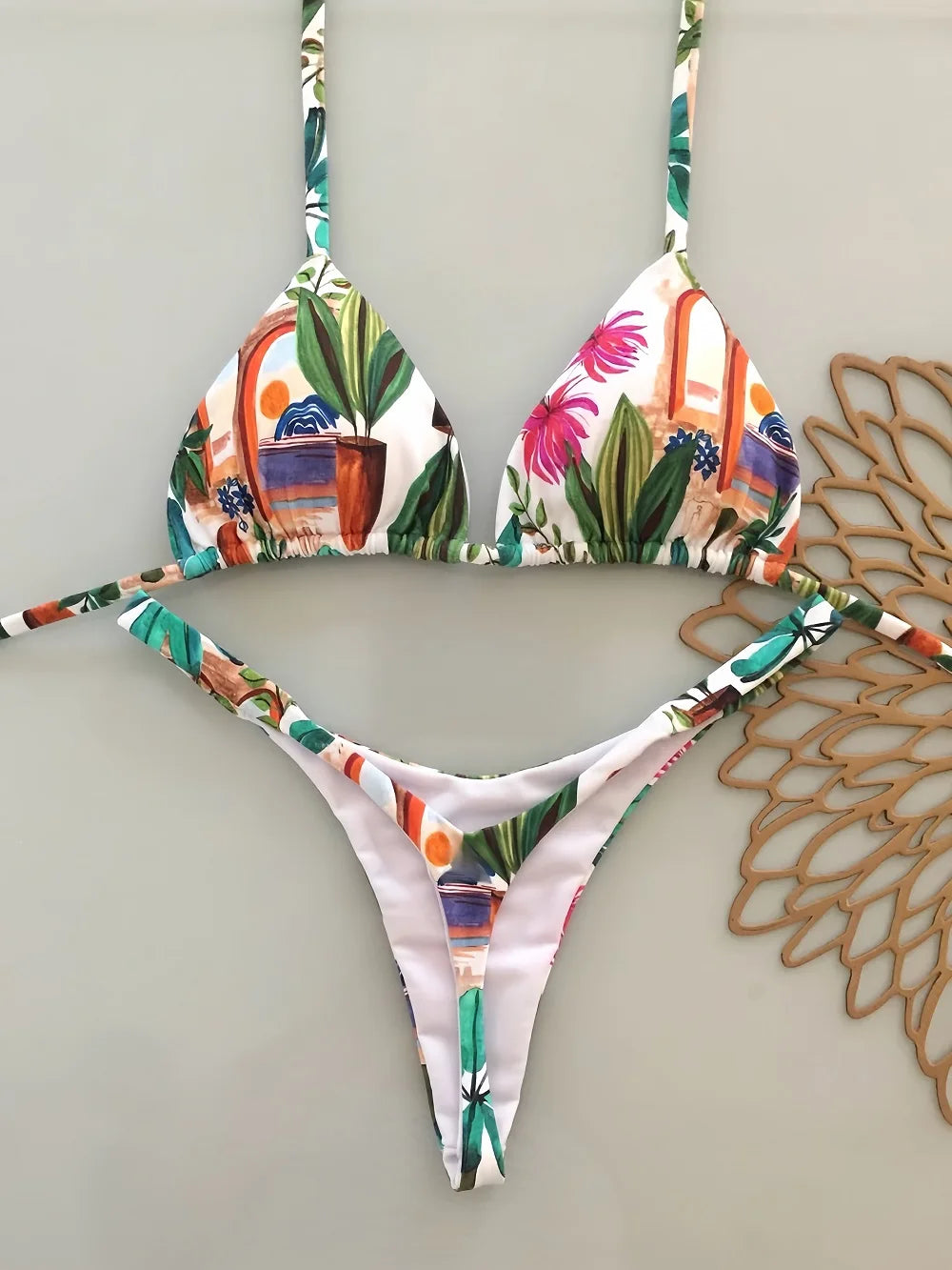 Tropical Print Bikini Set for Women – Halter Top & Low‑Rise Bottoms
