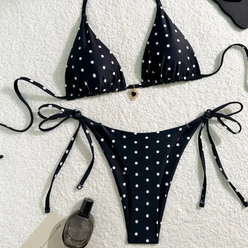 Black Polka Dot Bikini Set for Women – Halter Top & Tie‑Side Bottoms