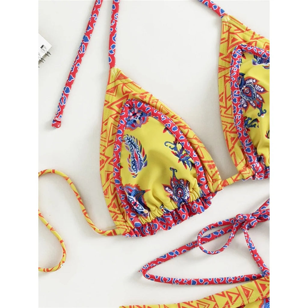 Yellow Patterned Triangle Bikini Set – Boho Print Tie Bikini