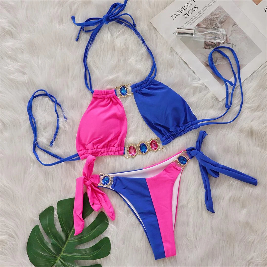 Pink & Blue Jeweled Bikini Set – Colorblock Tie Bikini, Gemstone Swimwear | Clovers Swimwear