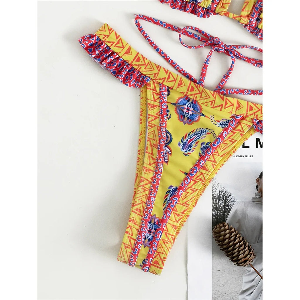 Yellow Patterned Triangle Bikini Set – Boho Print Tie Bikini