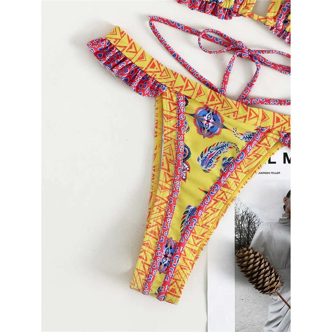 Yellow Patterned Triangle Bikini Set – Boho Print Tie Bikini