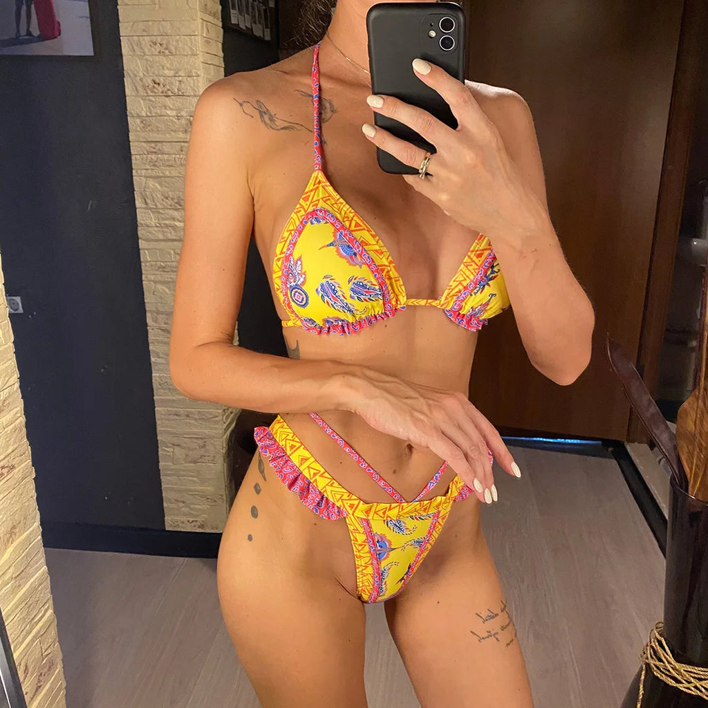 Yellow Patterned Triangle Bikini Set – Boho Print Tie Bikini