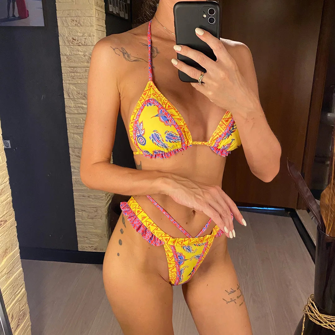 Yellow Patterned Triangle Bikini Set – Boho Print Tie Bikini