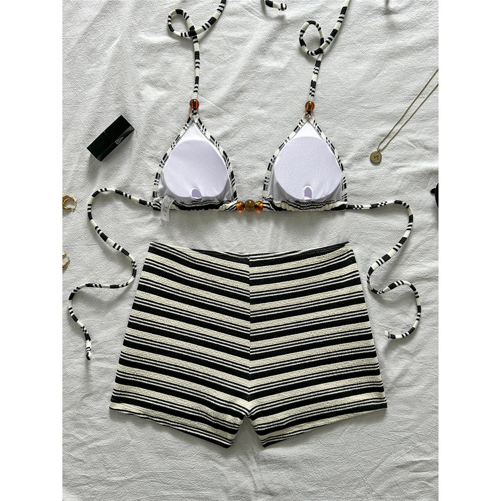 Triangle Swimsuit Top & High‑Waist Shorts Set – Black & White