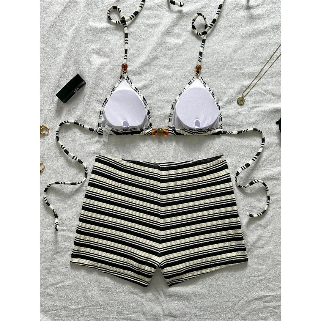 Triangle Swimsuit Top & High‑Waist Shorts Set – Black & White