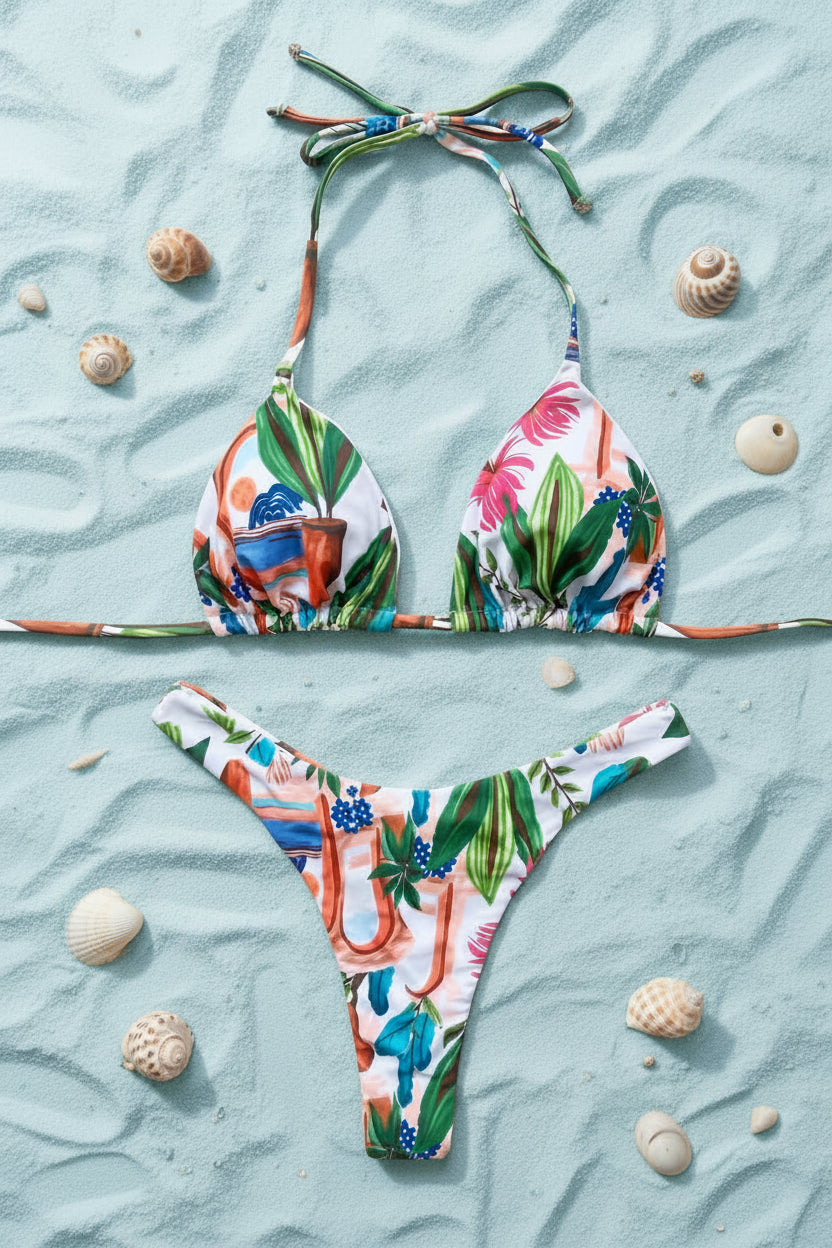 Colorful tropical print bikini set on a gray surface with decorative elements.