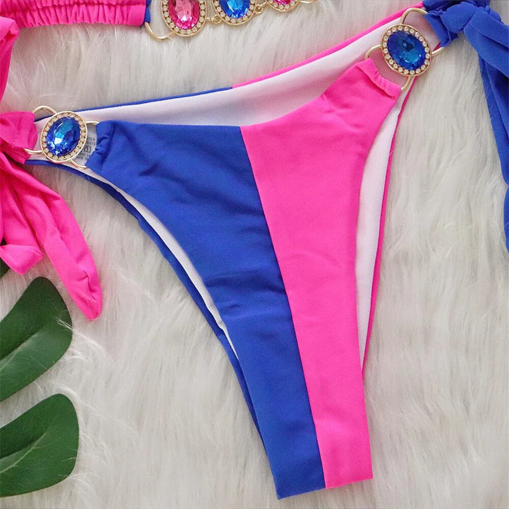 Pink & Blue Jeweled Bikini Set – Colorblock Tie Bikini, Gemstone Swimwear | Clovers Swimwear