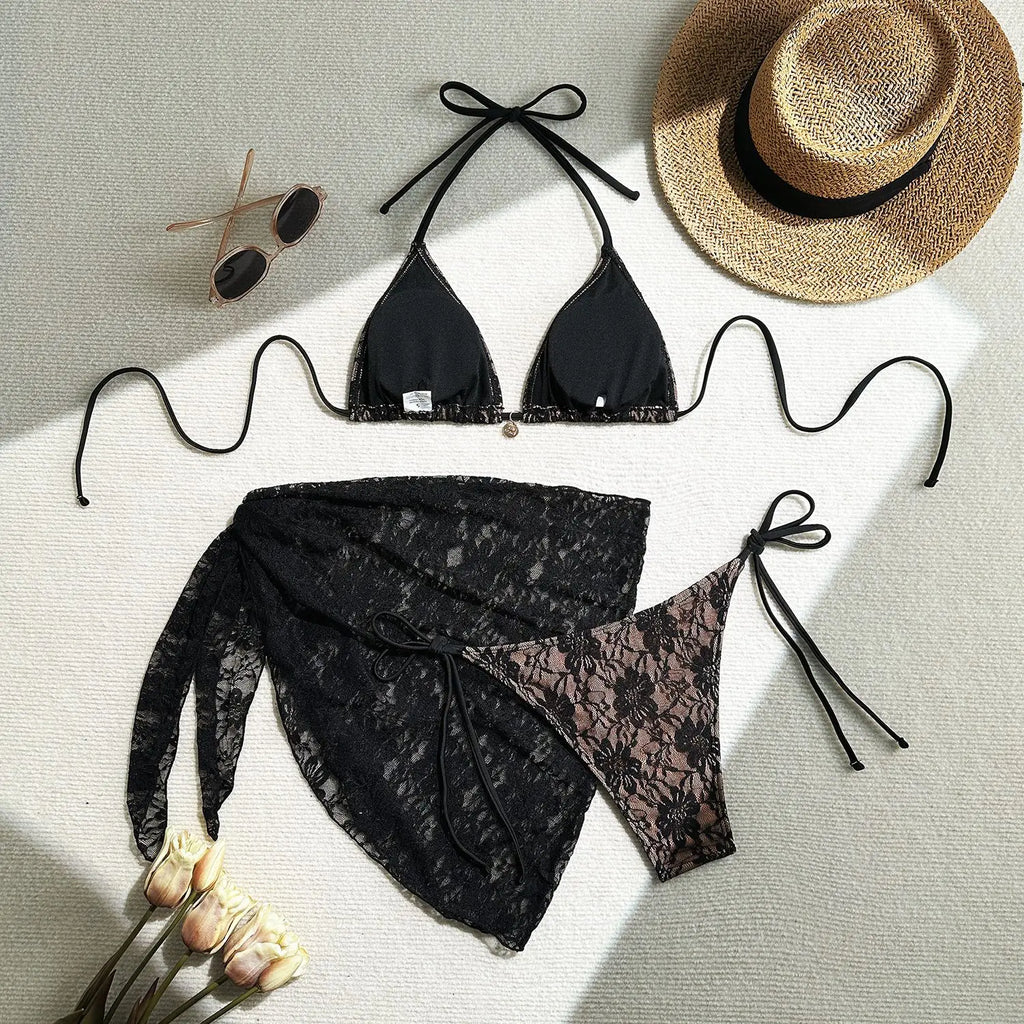 Black Lace Bikini Set with Cover‑Up – Women’s Stylish Swimwear