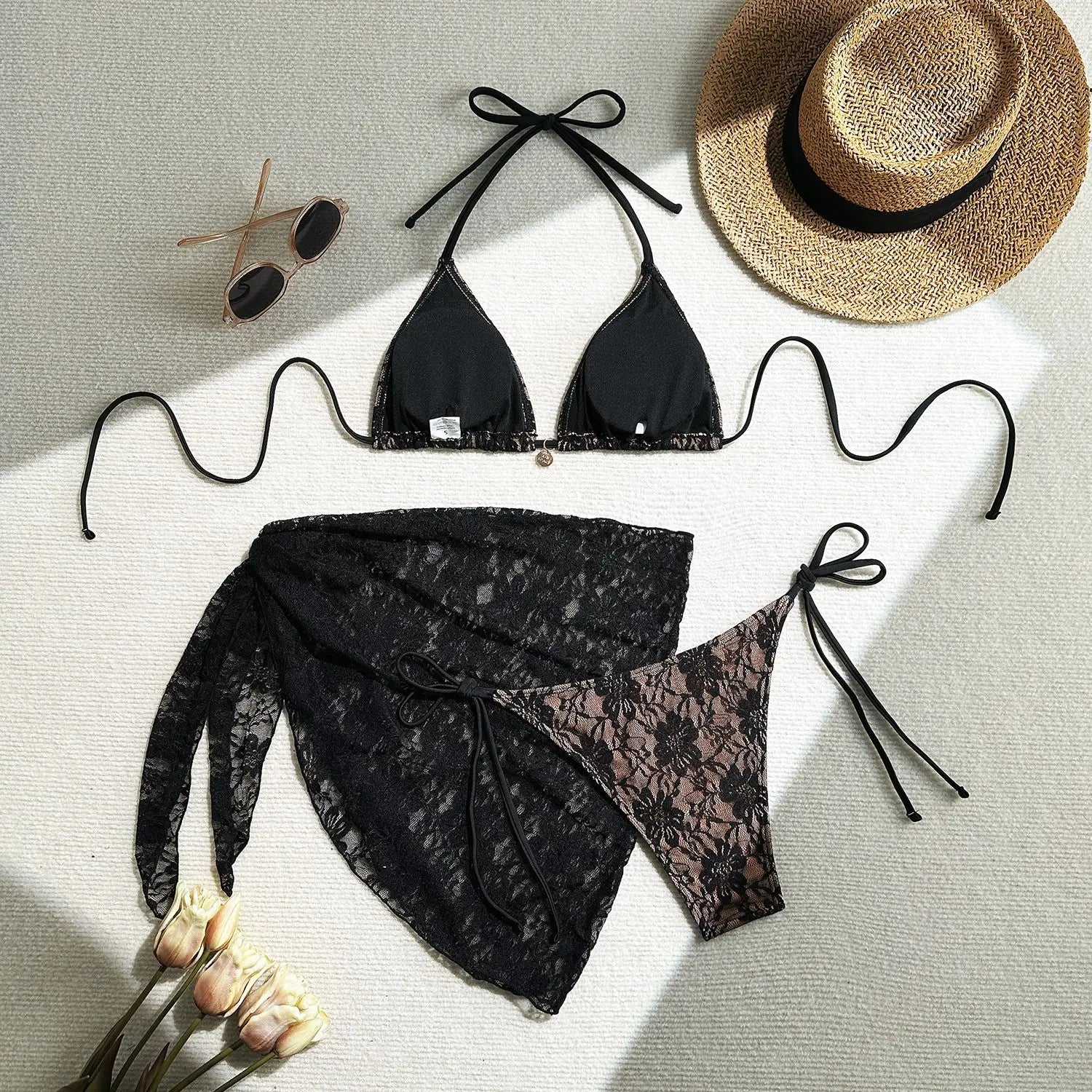 Black Lace Bikini Set with Cover‑Up – Women’s Stylish Swimwear