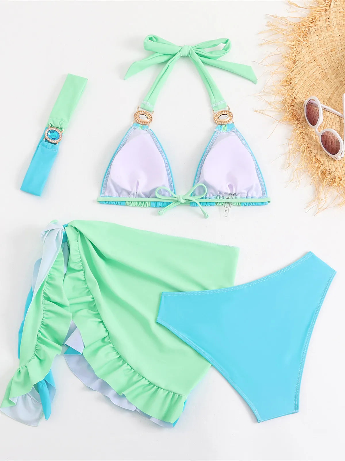 Sexy Rhinestone Bandage Bikini Three‑Piece Set – Push‑Up Top, Low‑Waist Bottom, Cover‑Up