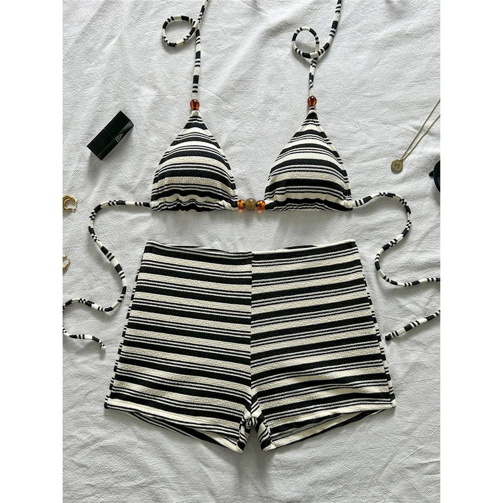 Triangle Swimsuit Top & High‑Waist Shorts Set – Black & White