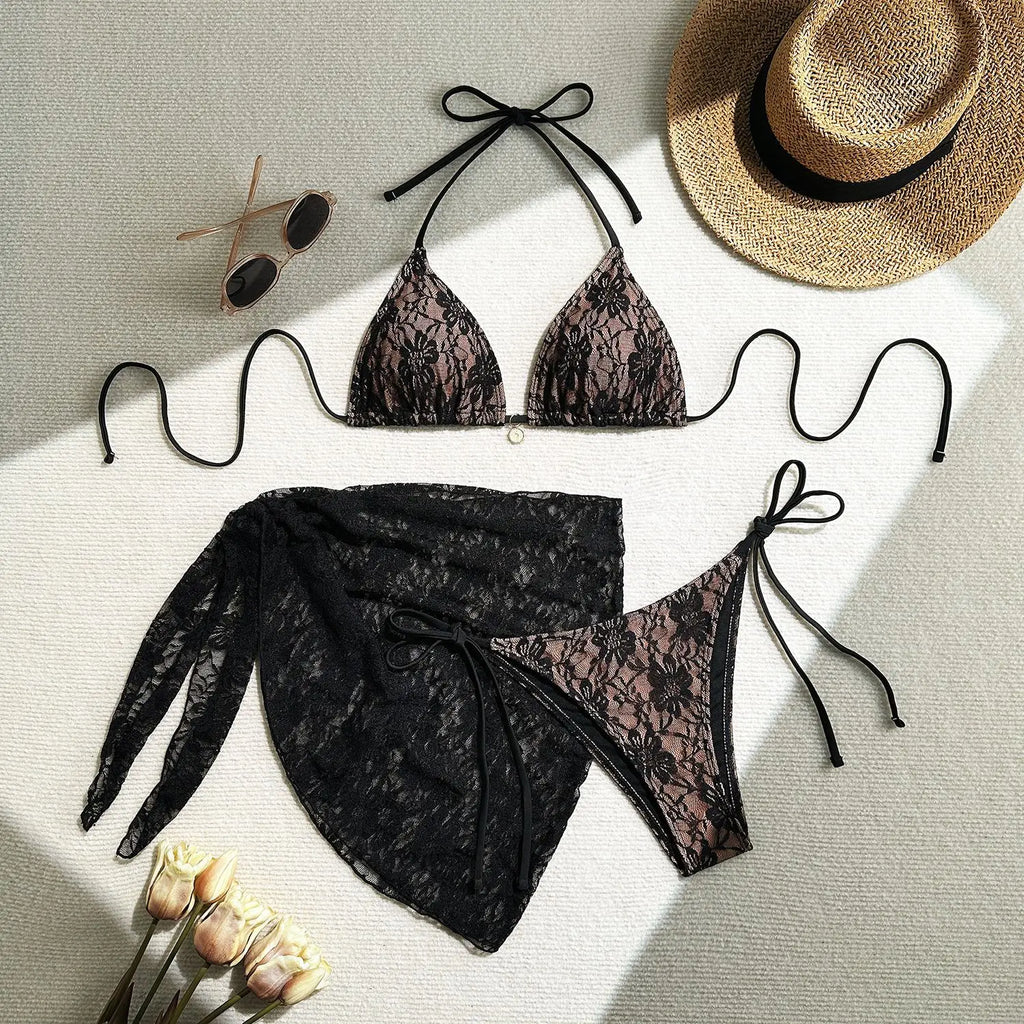 Black Lace Bikini Set with Cover‑Up – Women’s Stylish Swimwear