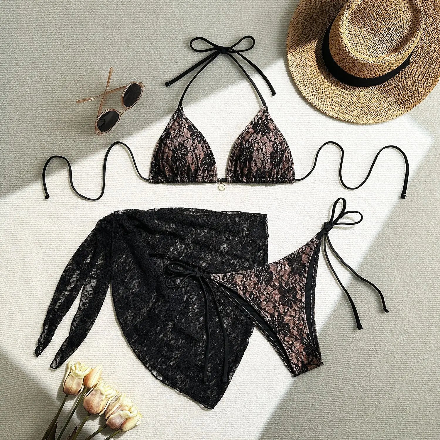 Black Lace Bikini Set with Cover‑Up – Women’s Stylish Swimwear