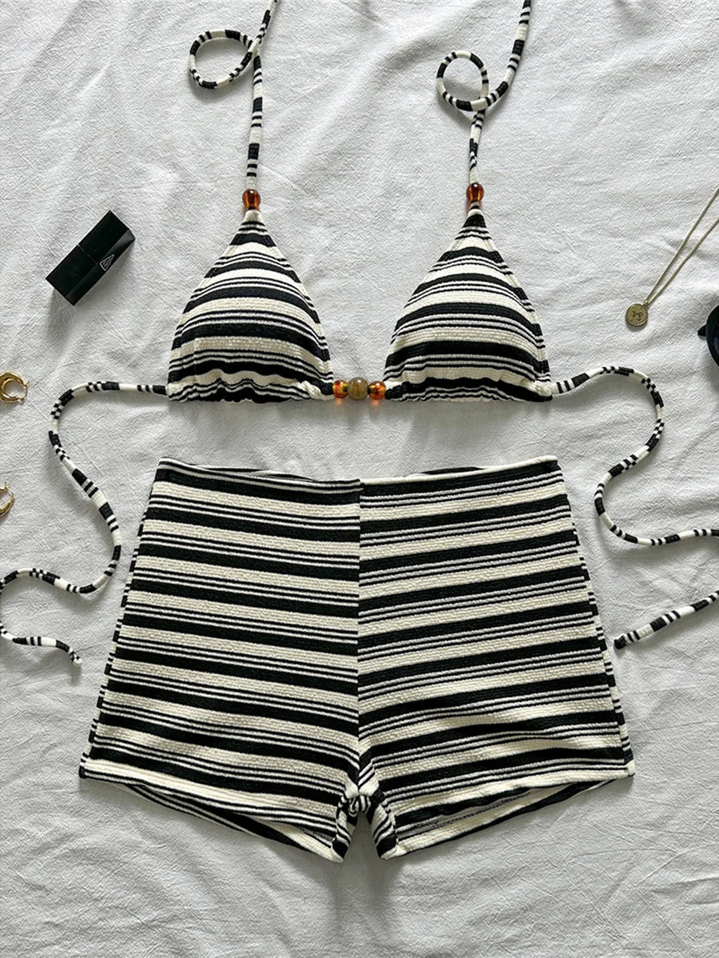 Triangle Swimsuit Top & High‑Waist Shorts Set – Black & White
