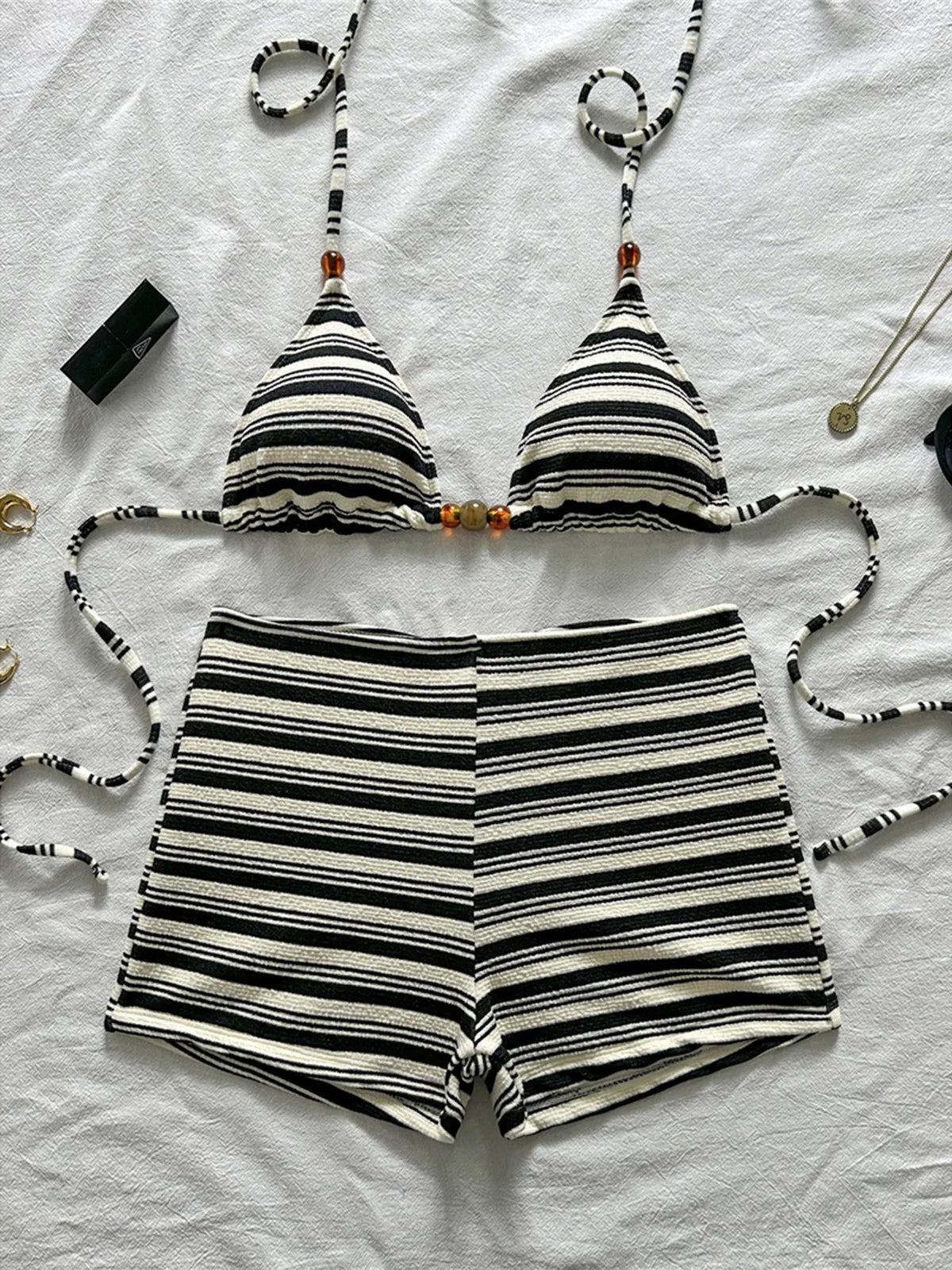 Triangle Swimsuit Top & High‑Waist Shorts Set – Black & White