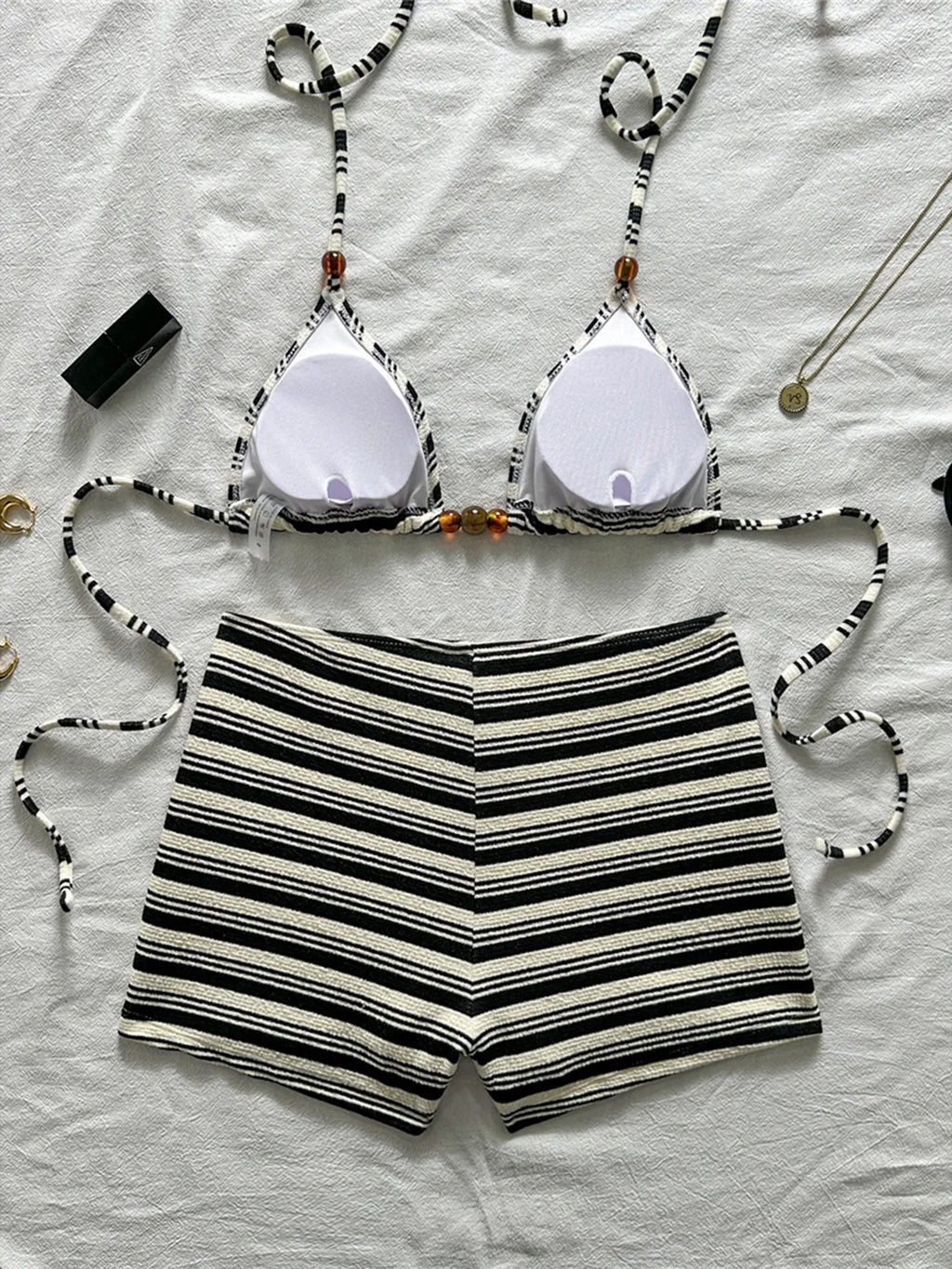 Triangle Swimsuit Top & High‑Waist Shorts Set – Black & White