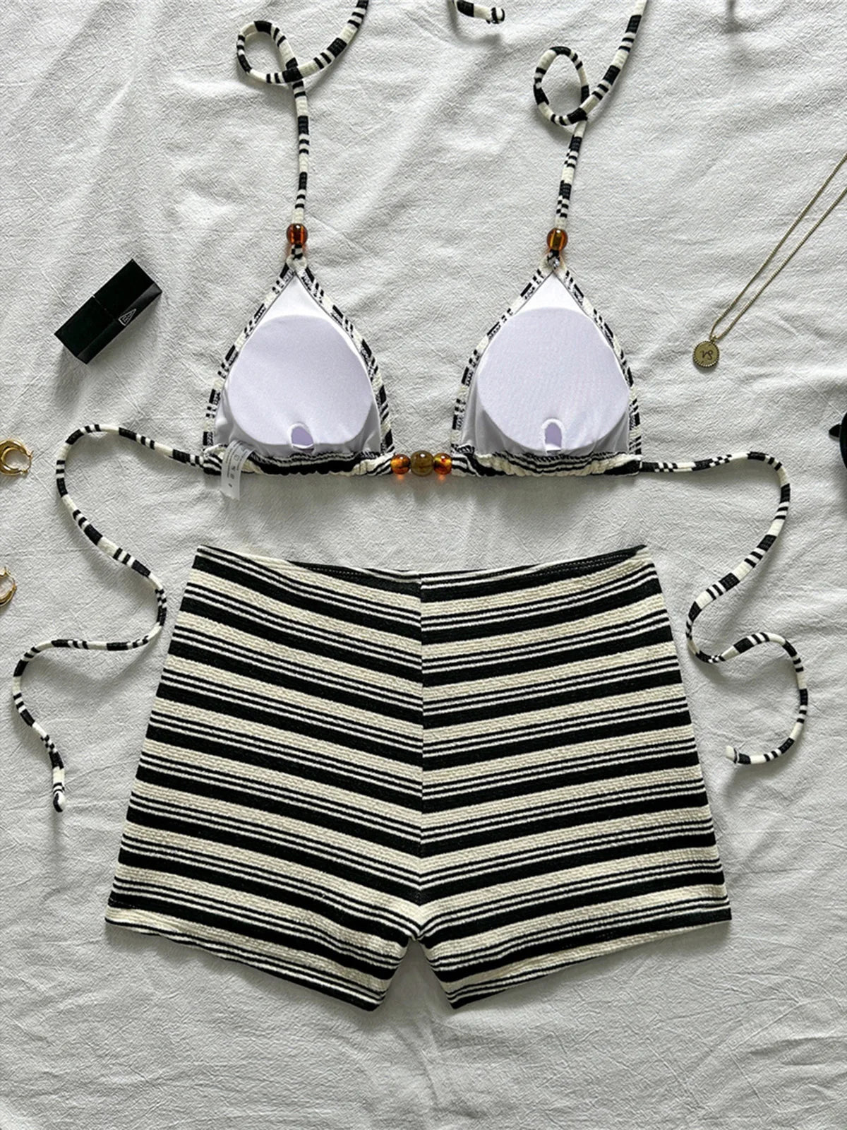 Triangle Swimsuit Top & High‑Waist Shorts Set – Black & White