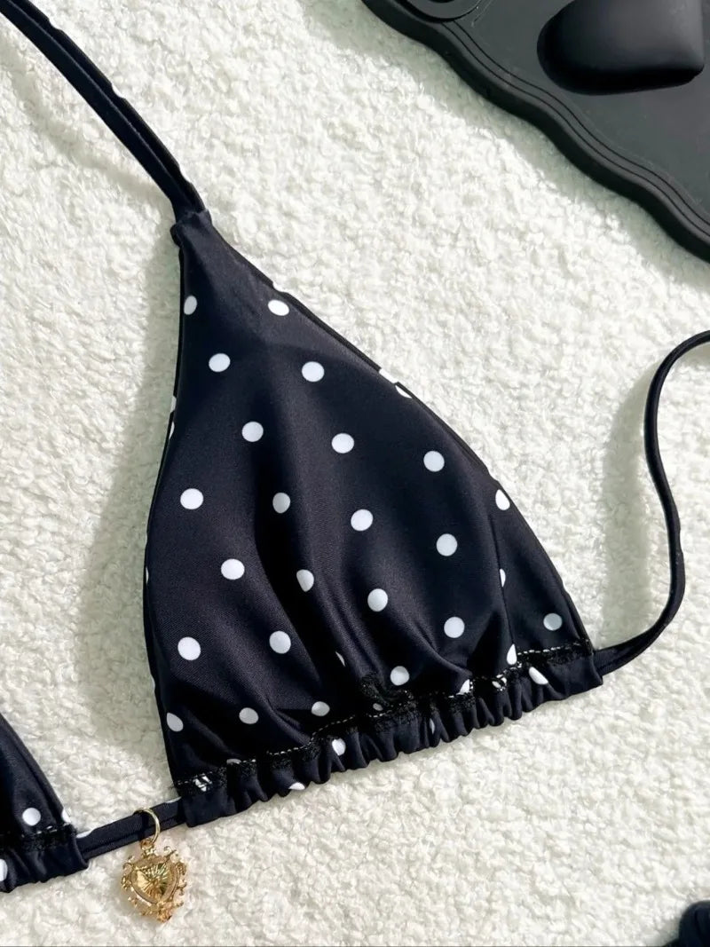 Black Polka Dot Bikini Set for Women – Halter Top & Tie‑Side Bottoms