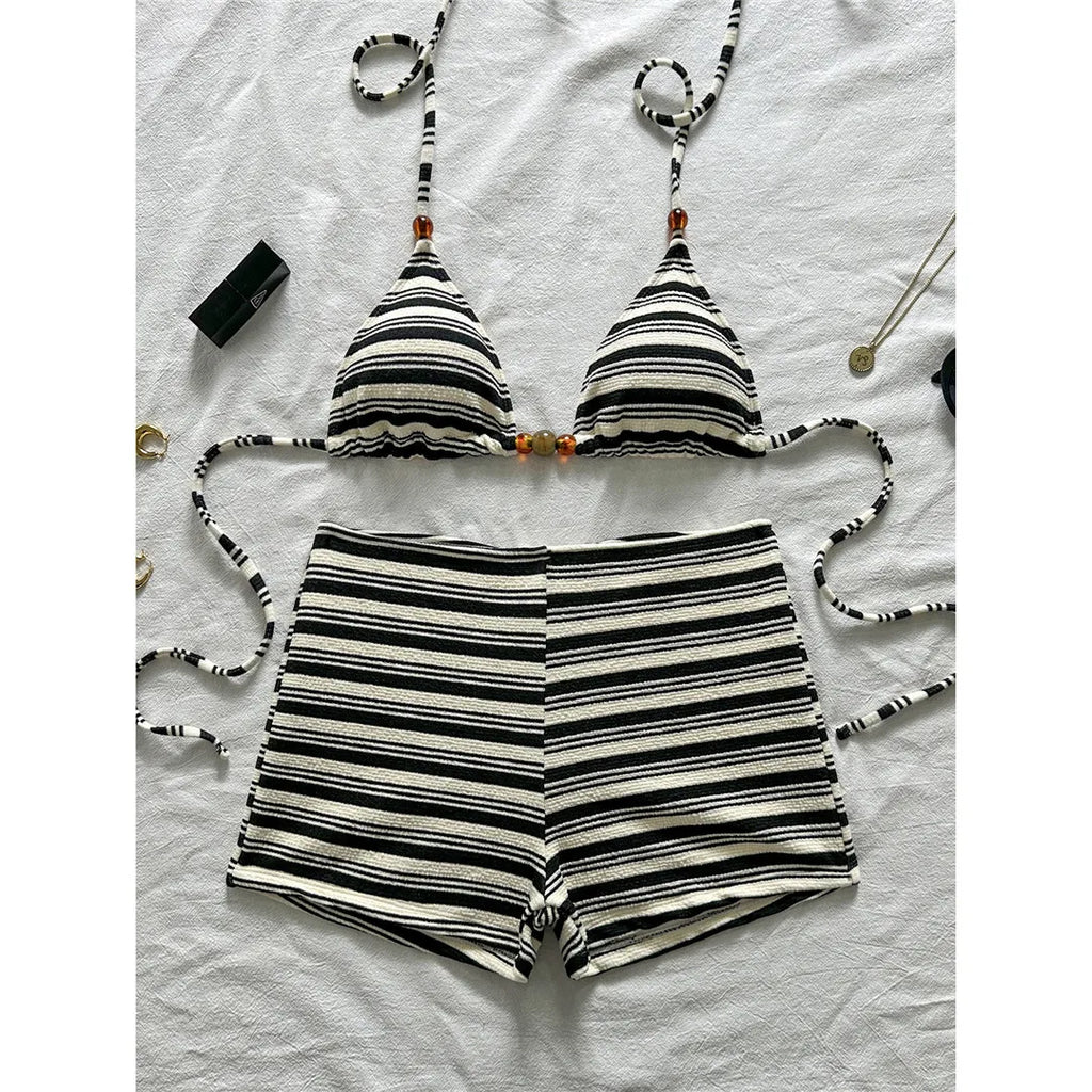 Triangle Swimsuit Top & High‑Waist Shorts Set – Black & White