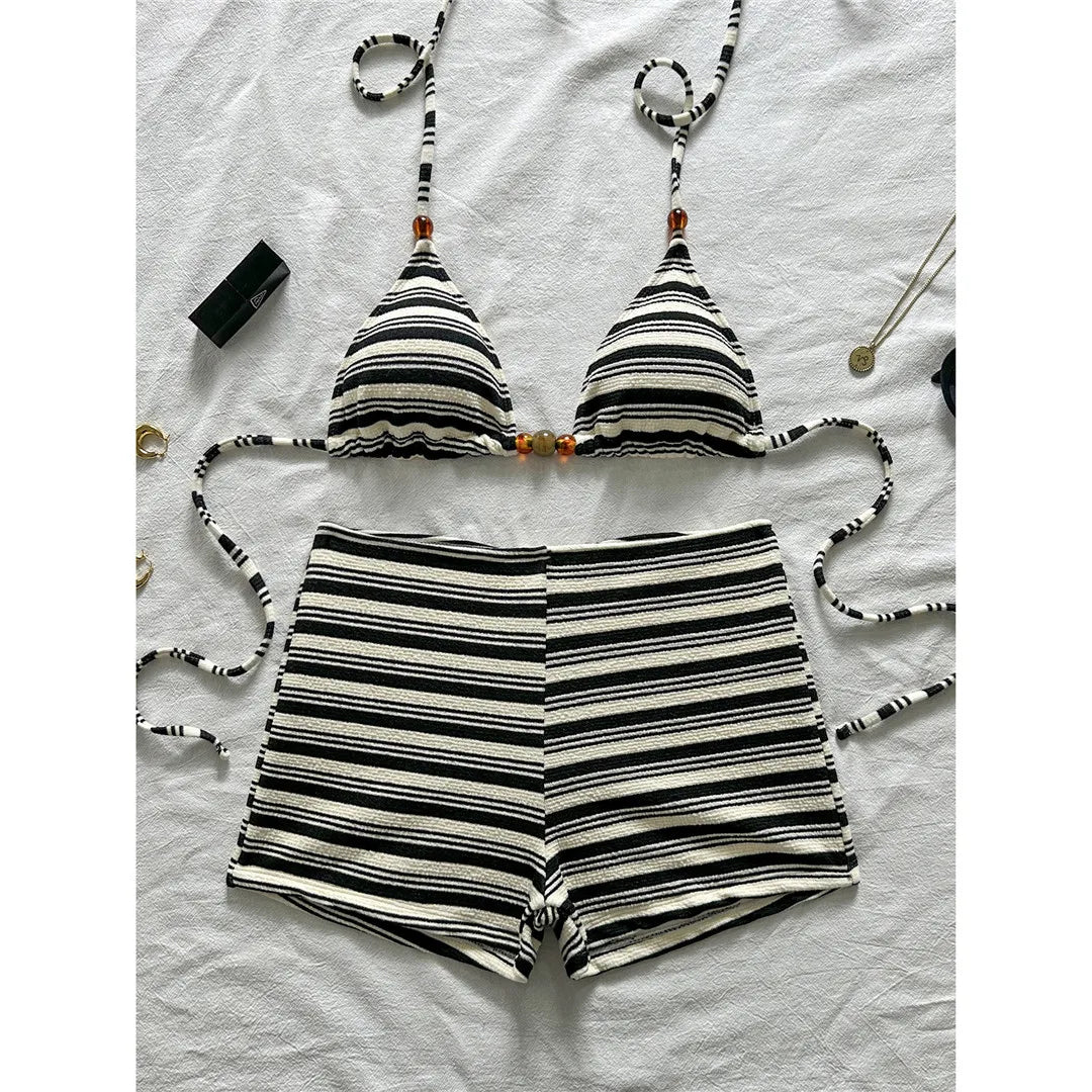 Triangle Swimsuit Top & High‑Waist Shorts Set – Black & White