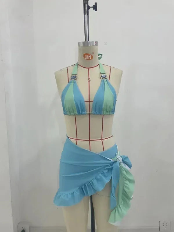 Sexy Rhinestone Bandage Bikini Three‑Piece Set – Push‑Up Top, Low‑Waist Bottom, Cover‑Up