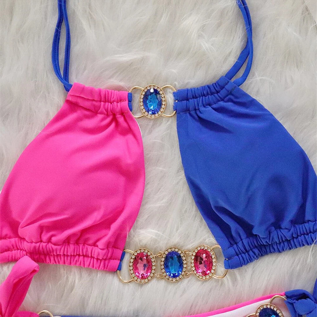 Pink & Blue Jeweled Bikini Set – Colorblock Tie Bikini, Gemstone Swimwear | Clovers Swimwear